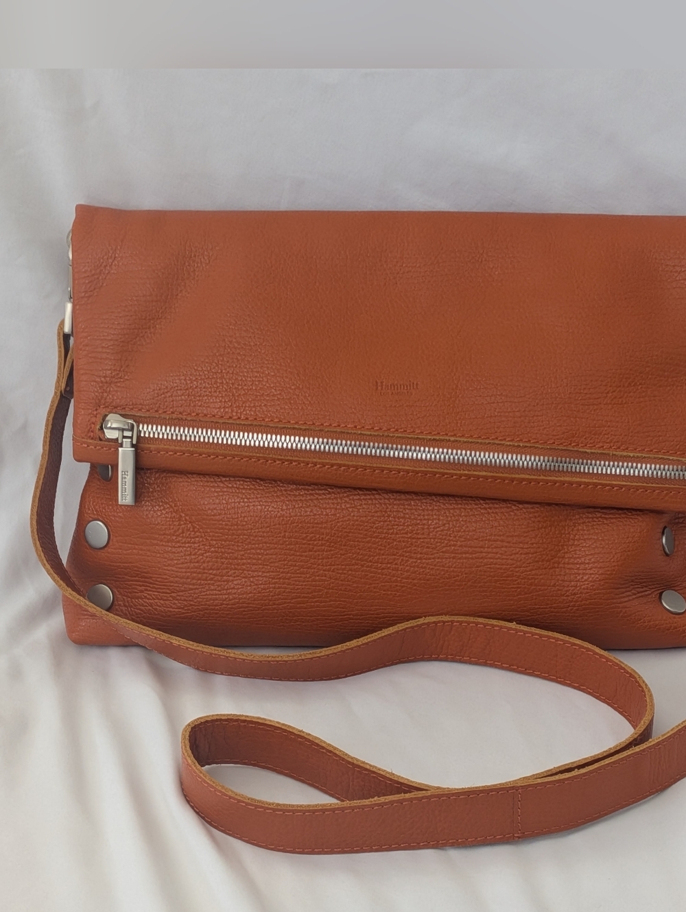 Hammitt VIP Large Orange Pebbled Leather Crossbody Clutch Purse